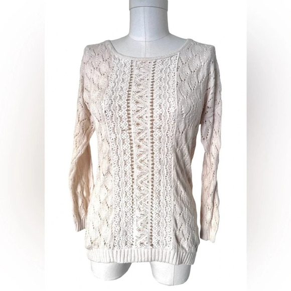 Romantic Lace panel sweater Snereono knit crochet pointelle cream, scoop neck - Picture 2 of 7